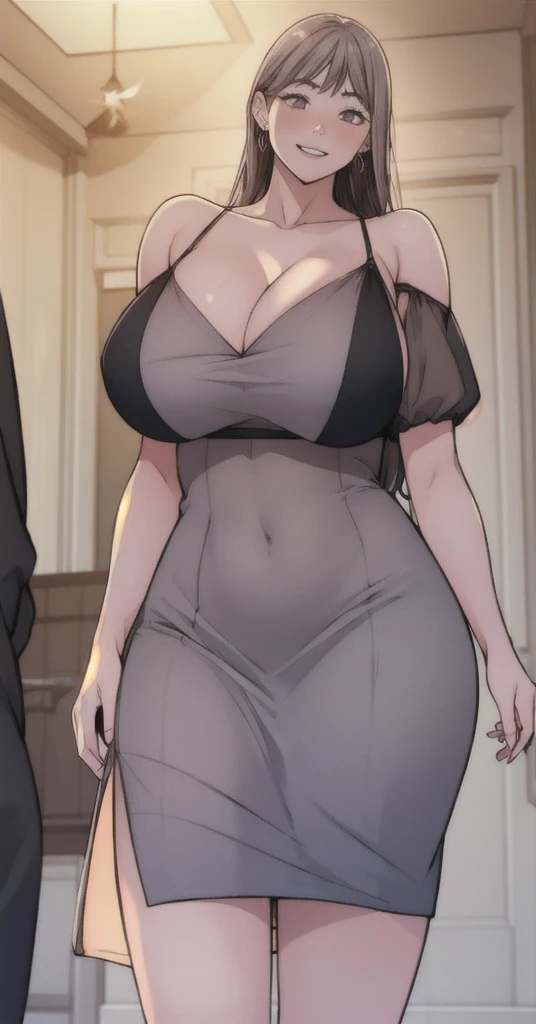 si-won, 1girl, breasts, covered_navel, dress, cleavage, solo, long_hair, huge_breasts, looking_at_viewer, mature_female, black_dress, curvy, jewelry, earrings, bare_shoulders, blush, collarbone, indoors, parted_lips, thighs, bangs, tight_dress, smile, cowboy_shot, short_dress, parted_bangs