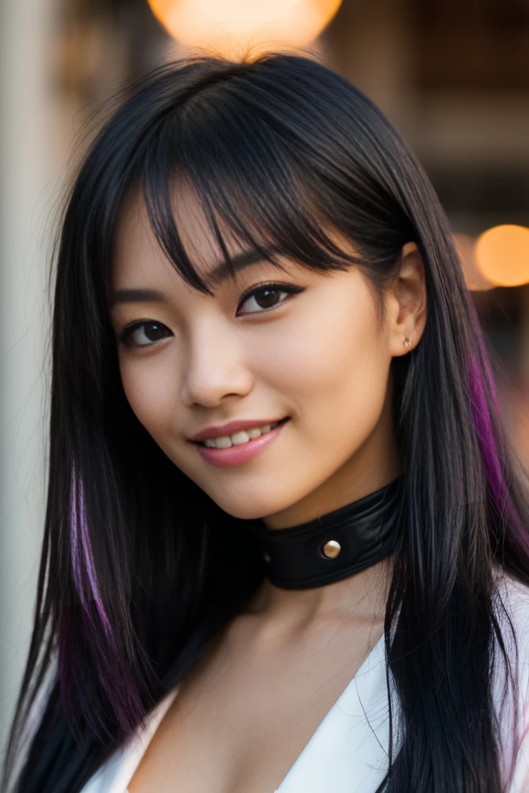 arafed woman with long black hair with purple high lights in a strait jacket, flowing black hair purple high lights, with black hair, photo of a beautiful woman, long flowing black hair, black golden hour, curly pink hair, beautiful young asian woman, beautiful asian woman, wild ginger hair, pink wispy hair, light pink hair, a young asian woman, an asian woman, infp young woman, Portrait photo of a 22-year-old french girl in RAW UHD format (Brown-eyed woman) Details (textures! , Hair! , glistering, Color!! , imperfections: 1.1), highly detailed glossy eyes (looking at the camera), DSLR Lighting, SLR camera, Ultra-Quality, sharpness, Depth of field, Film grain (Downtown), Fujifilm XT3, Crystal clear, Frame Center, beatiful face, sharp-focus, neon lighting, bokeh (lit), day time, (open sky), detailed skin pores, oilly skin, suntan, Complex eye details, (((in a strait jacket))), mental institution, (((smiling))),((beautiful))