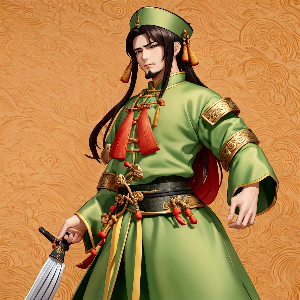 Boys，（Guan Yu：1.5），Mighty and domineering，chibi，armor，（green：0.5），long whiskers，Handheld weapons,（Long-handled knives：1.8），Chinese clothing，whole body