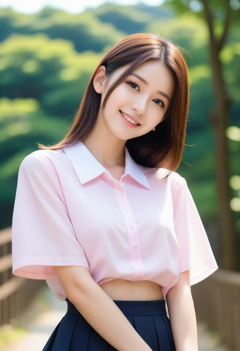 8K, Ultra-high resolution, Highest quality, masterpiece, 三分割法によるphotograph,Surreal, photograph, 1 girl, (:1.3), pretty girl, Cute face, Beautiful eyes in every detail, 細かくdetailedに,masterpiece,, One Girl:1.2, Japan Female Announcer,whole body,Young Wife,Pale pink collared shirt,Country Road,Looking up at the sky,profile,Pencil Skirt、Full of cleanliness,A carefree smile,Healing the heart,Semi-long layered hair,Looking at the audience、beauty,Long neck、Laugh a little、Please close your mouth and laugh、(((Ideal body type))),A-cup small breasts :2,、Portraiture:2、Perfect Anatomy、鮮明なdetailed、detailed、Surreal、Light and shadow,Strong light