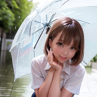 ((It rains、heavy rain:1.2))、(Holding a transparent umbrella with both hands)、(A girl crouching on the street)、A puddle spreads at my feet、(Wet T-shirt:1.2)、mini skirt、Bob Hair、Brown Hair、((Crying face:1.1))、Medium breast、(Beautiful face、Accurate Face、Anatomically correct limbs、Accurate 5-finger)、(Photorealistic quality、Highest quality、masterpiece、16K、Detailed Background)、