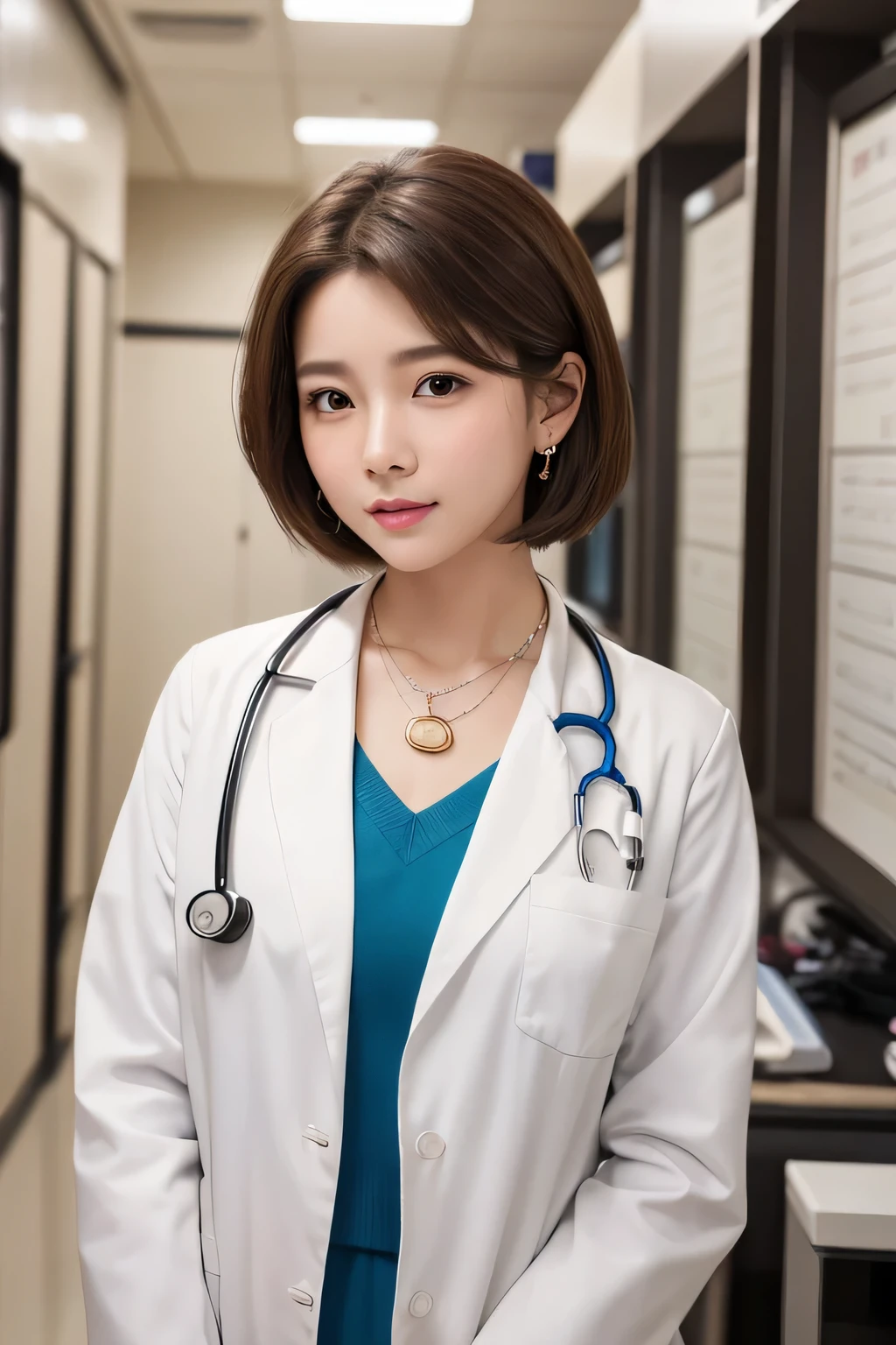 Beautiful young woman、 Korean women、Light brown hair、Necklace around the neck、White、Doctor's clothing、Stethoscope、short hair、Intricate details, Very detailed:1.2), 、 Looking into the camera,The background is the inspection room..、ear piercing
