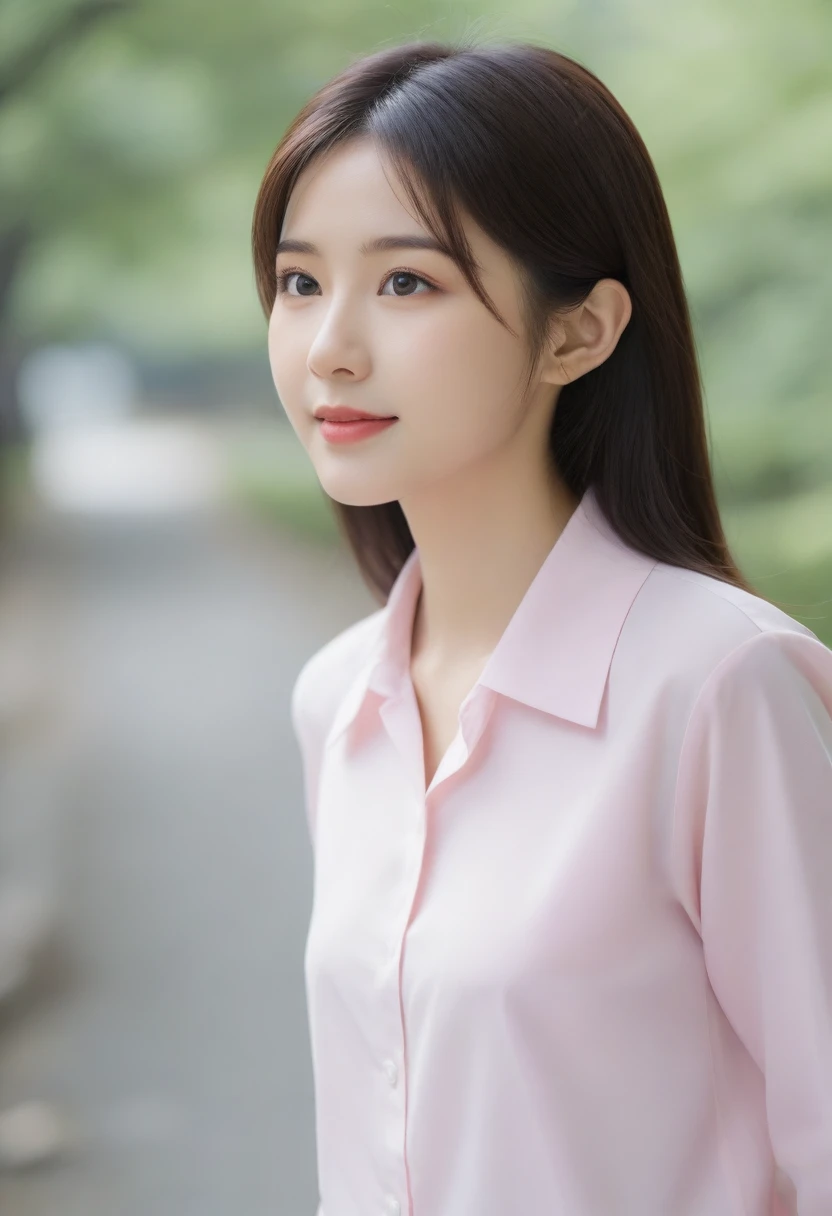 8K, Ultra-high resolution, Highest quality, masterpiece, 三分割法によるphotograph,Surreal, photograph, 1 girl, (16 years old:1.3), pretty girl, Cute face, Beautiful eyes in every detail, 細かくdetailedに,masterpiece,, One Girl:1.2, Japan Female Announcer,whole body,Young Wife,Pale pink collared shirt,Country Road,Looking up at the sky,profile,Pencil Skirt、Full of cleanliness,A carefree smile,Healing the heart,Semi-long layered hair,Looking at the audience、beauty,Long neck、Laugh a little、Please close your mouth and laugh、(((Ideal body type))),A-cup small breasts :2,、Portraiture:2、Perfect Anatomy、鮮明なdetailed、detailed、Surreal、Light and shadow,Strong light