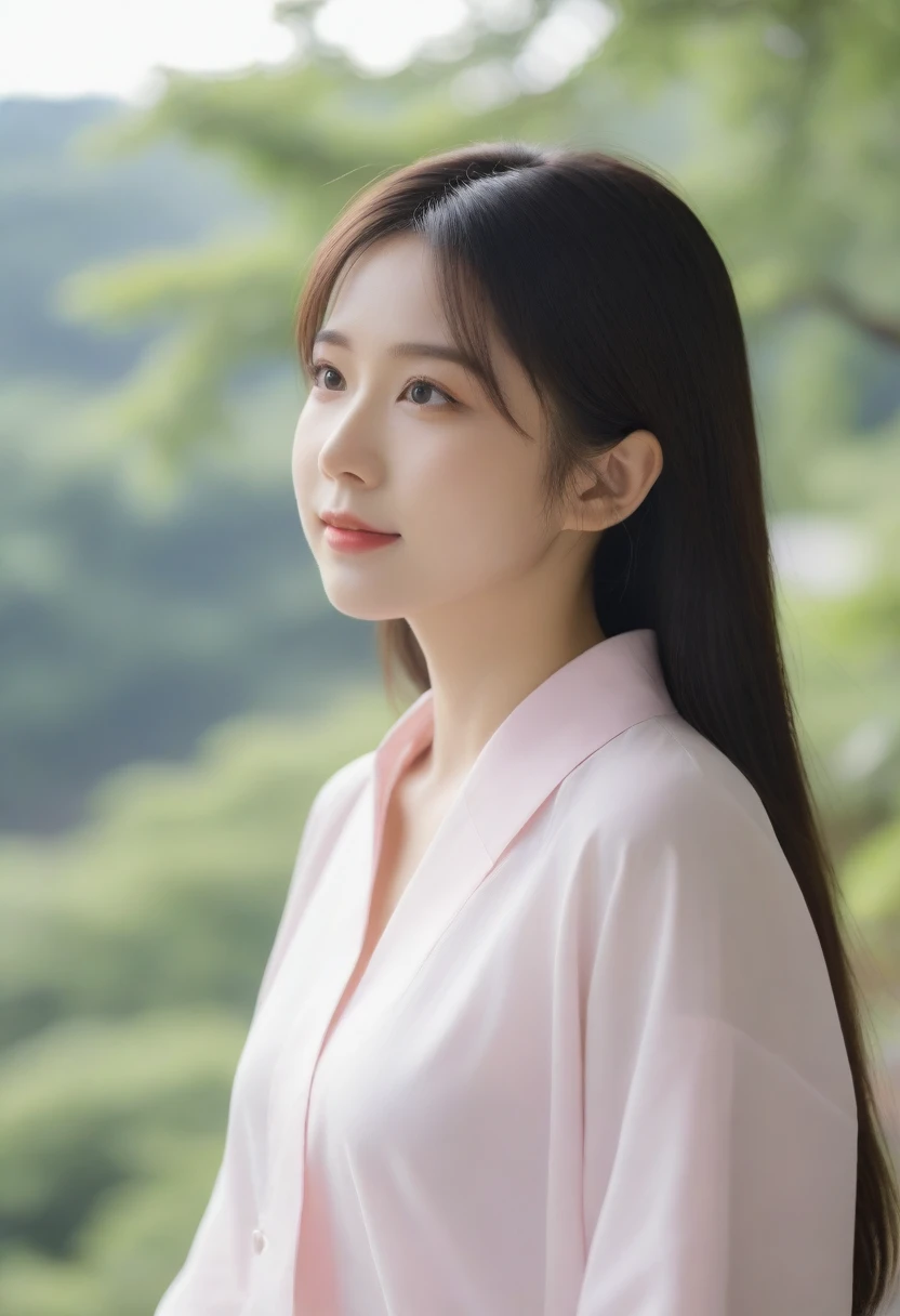 8K, Ultra-high resolution, Highest quality, masterpiece, 三分割法によるphotograph,Surreal, photograph, 1 girl, (:1.3), pretty girl, Cute face, Beautiful eyes in every detail, 細かくdetailedに,masterpiece,, One Girl:1.2, Japan Female Announcer,whole body,Young Wife,Pale pink collared shirt,Country Road,Looking up at the sky,profile,Pencil Skirt、Full of cleanliness,A carefree smile,Healing the heart,Semi-long layered hair,Looking at the audience、beauty,Long neck、Laugh a little、Please close your mouth and laugh、(((Ideal body type))),A-cup small breasts :2,、Portraiture:2、Perfect Anatomy、鮮明なdetailed、detailed、Surreal、Light and shadow,Strong light