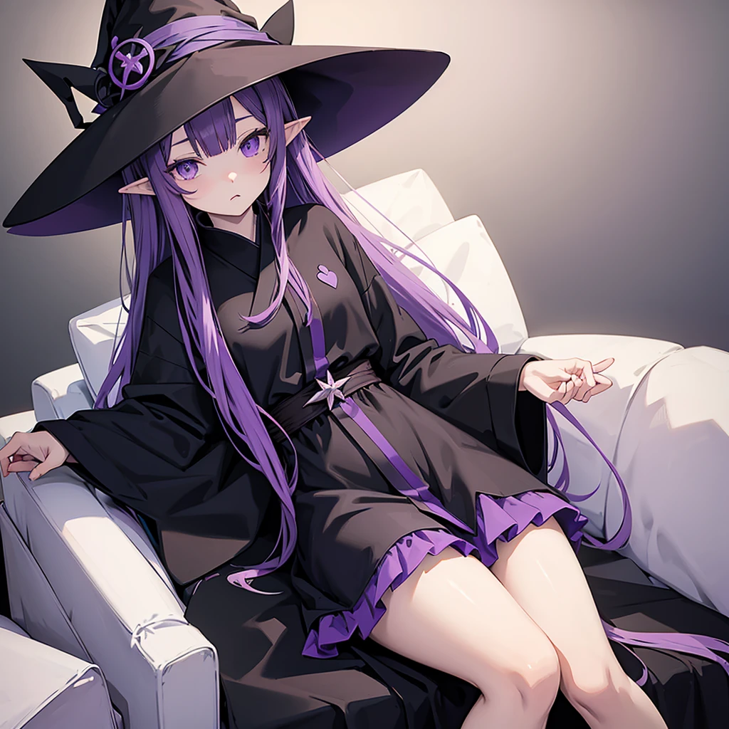 anime girl long purple hair wearing a black Robe. she has pointy ears. Witch Hat. Manga kawaii. iridescent ,An illustration, Sit on the sofa,One person