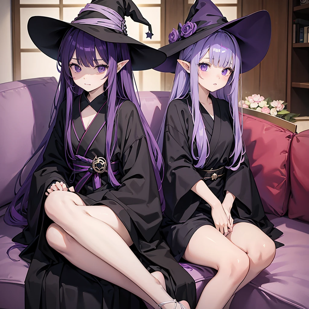 anime girl long purple hair wearing a black Robe. she has pointy ears. Witch Hat. Manga kawaii. iridescent ,An illustration, Sit on the sofa,One person
