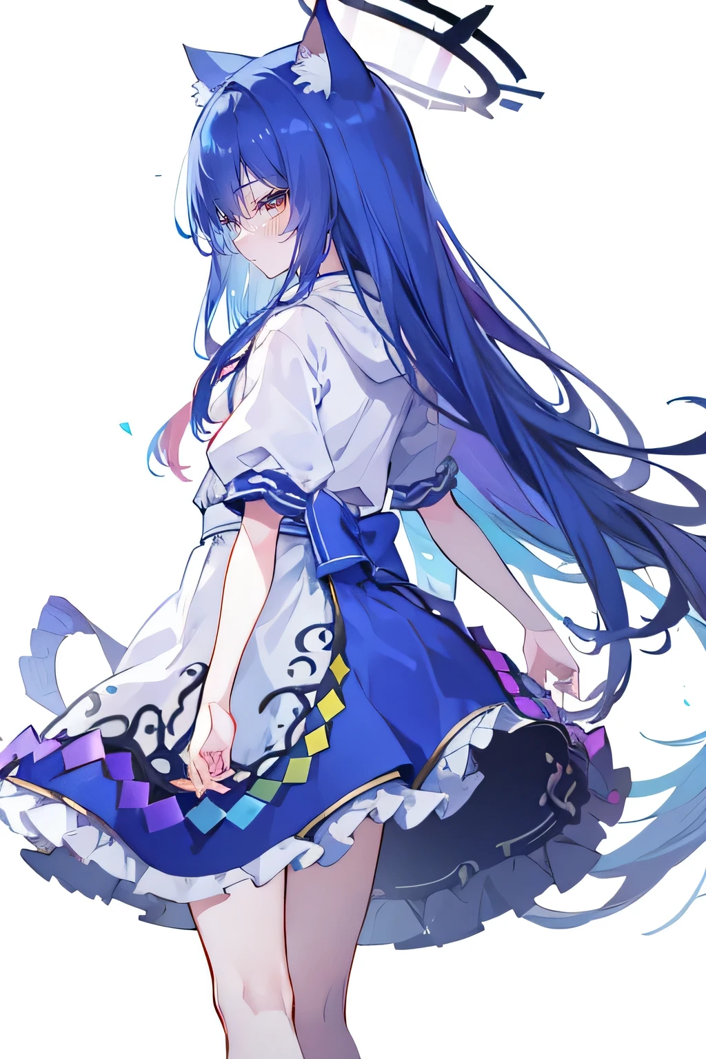 （masterpiece：1.2），Super detailed，lifelike，Expressive eyes，fair skin，perfect face shape，1 girl，
Japanese comics,Gorgeous blue hair,flowing blue hair,flowing clothes,Cat ears,Petals fall,beautiful lola,Baby Angel,
Shaking head with one hand，Cross your legs，Gentle and peaceful background，The pavilion is cool and comfortable,smile, wearing hoodie, background of tokyo,back views,snowing, winter,lie on the water.（（masterpiece：1.4，最high quality）），（Super detailed），Official Art，Unity 8k Wallpaper，Super detailed，Beautiful appearance，high quality，Lovely，masterpiece，最high quality，（flat chest），Human body，a character portrait，Standing，White background，long suspender skirt，Yuri,（Black tights），There is a halo on the head，future