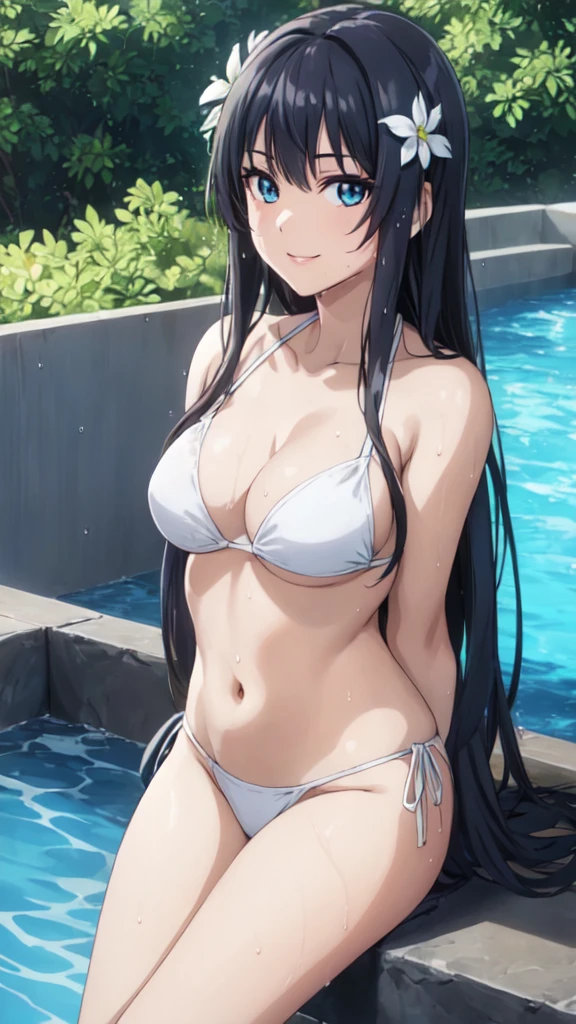 (Perfect hands, Perfect Anatomy:1.4),(anime:1.4),正面figure, Satin Ruiko, alone,(White Bikini Swimsuit:1.5),(A neat figure,thin:1.4),(Hairstyle is a princess cut:1.5),(Black Hair:1.4), blue eyes, (Black Hair:1.4),Long Hair,(Straight long hair:1.4), hair ornaments, (1 white flower decoration:1.4),(tsurime:1.4),(Sitting),(Broke up_lips:1.4),(Hime cut:1.4),(Large Breasts:1.4),(arms behind back:1.3), (Wicked Smile:1.4),,(Wet:1.4),Sit on, (View your viewers:1.3),(Pool,Poolサイドで:1.4),(Dazzling sunlight,summer:1.4)、 break (Hime cut:1.4),(masterpiece:1.5),(Extremely accurate details,Ultra-high resolution:1.4),Highly detailed CG Unity 8k wallpaper,(Realistic,Photorealistic,超Realisticな:1.5),(curve,model,Glamour:1.5),Beautiful breasts,color_aberration,Beautiful detailed shadows,Beautiful Eyes,Beautiful body,Beautiful Skin,Beautiful Hands,(美的animeの目:1.4),(figure:0.8), (Beautiful attention to detail:1.4), Highly detailed face, Perfect lighting, Highly detailed CG, (Perfect hands, Perfect Anatomy:1.4),