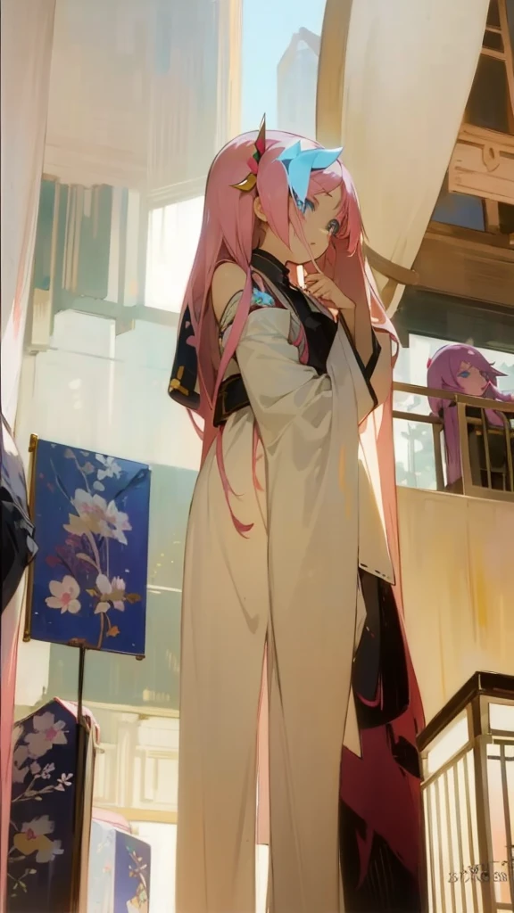 masterpiece, best quality,lacus-bk, 1girl, solo, long hair, pink hair, very long hair, blue eyes, hair ornament, japanese clothes, detached sleeves