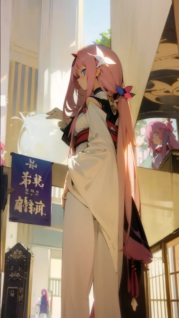 masterpiece, best quality,lacus-bk, 1girl, solo, long hair, pink hair, very long hair, blue eyes, hair ornament, japanese clothes, detached sleeves