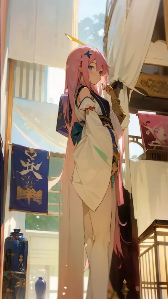 masterpiece, best quality,lacus-bk, 1girl, solo, long hair, pink hair, very long hair, blue eyes, hair ornament, japanese clothes, detached sleeves