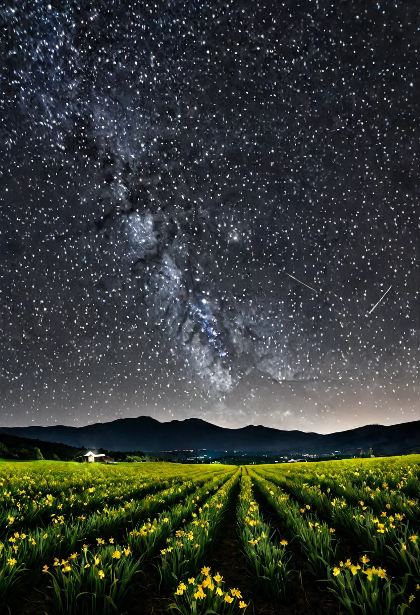 Make a picture of a starry night with a black sky, and a dark field