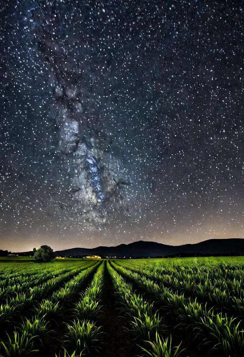 Make a picture of a starry night with a black sky, and a dark field