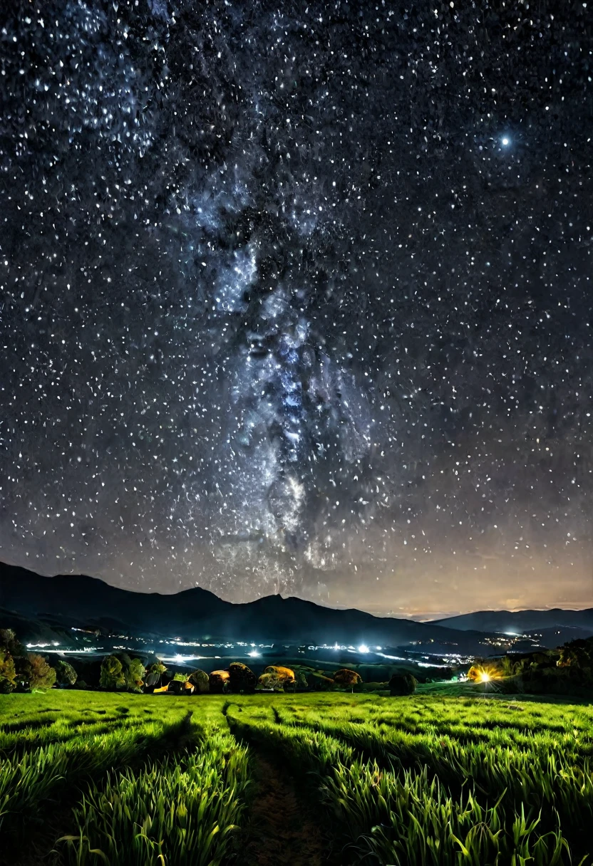 Make a picture of a starry night with a black sky, and a dark field