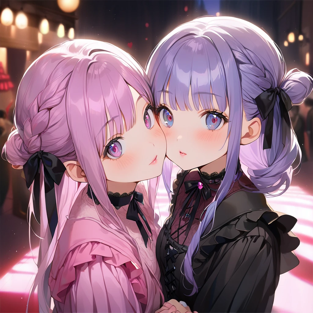 ( 2girls:1.5), (Twin girls, the same face, the same hairstyle, the same eyes, symmetrical posture, cheek-to-cheek,holding hands:1.5), (one girl iwearing Black gothic ta outfit, black boots, from side:1.3 ),2girls with closs hair pin,pale purple hair,wavy two braids,blunt bangs hair,green and black eyes,other girl is wearing
pink shirt,cosplay, jirai kei, bangs, black skirt, black bow, looking at viewer, bow, long sleeves, choker, ribbon,pink lips, :1.4), (masterpiece:1.3), anime visual, (Lovey-dovey:1.5), (tilt head:1.3), extremely delicate face, soft clean focus, realistic lighting and shading, (an extremely delicate and beautiful art:1.3), elegant, (muted colors:1.1), small breast,slim,The Moulin Rouge in Paris, mysterious pink light, a slightly dark room,,smiling,night lit,