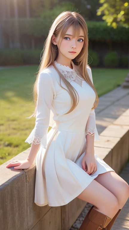 ((slim)), Solitary, Looking at the audience, Practical, night, Sunlight, cloud, in the sky, cloud, Practical sun light,, detailed, Upper Body, sit, beautiful blonde girl, 16 years old, very detailed face, big bright blue eyes, shiny blonde curvy hair , bangs, small face, glowing skin, highlighter, white skin, radiant skin, round face, photorealistic, highly detailed, 8k, realistic, hyper detailed, natural lighting, cinematic, digital art, fantasy, elegant, beautiful, a headlace over her forehead. She wears brown long boots over her knees and white priestess robes and chainmail underneath it,short skirt,sexy body