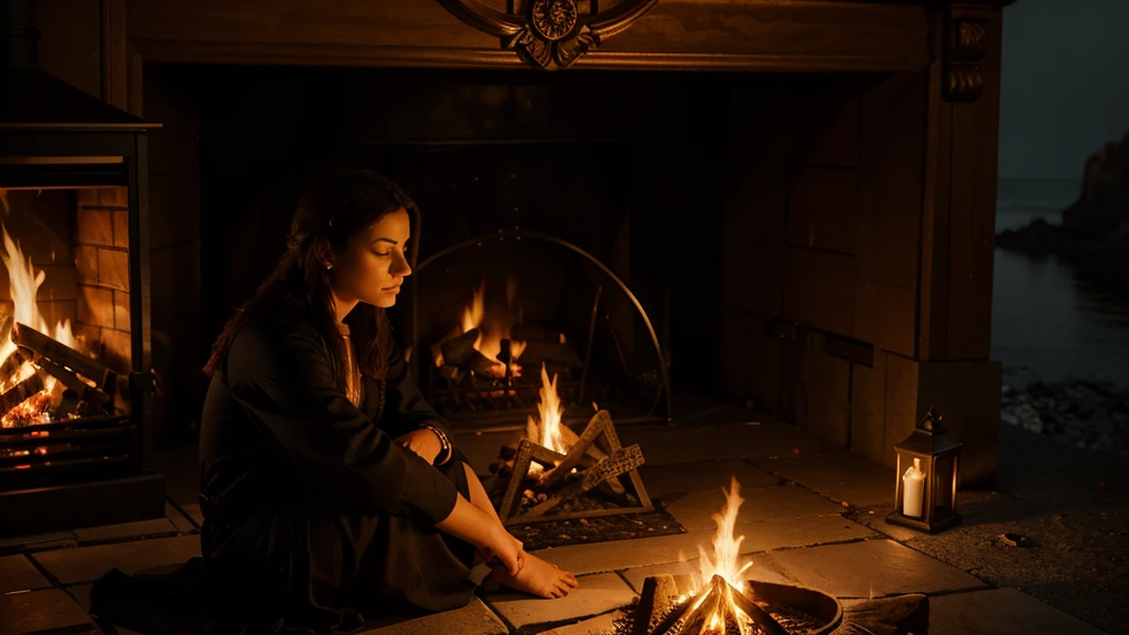 the magician sits by the fire on the shore, faces not visible. a mystic. ultra realism
