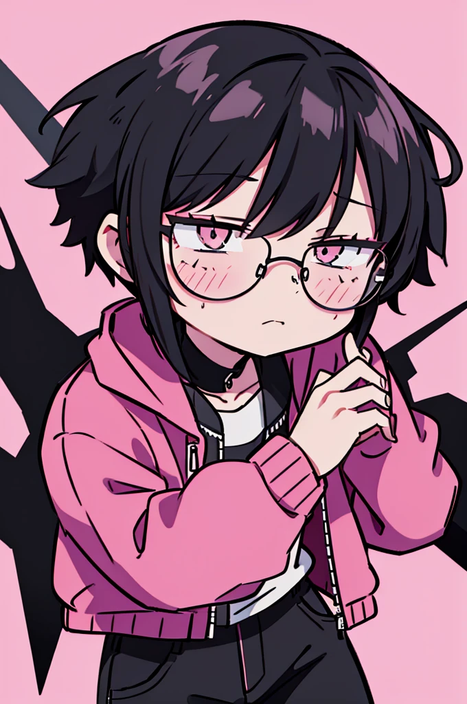 black pants, Sharp image, man, Black hair with pink ends, wearing a pink jacket. , has a dull, bored face, wears round glasses, has short, neat hair,