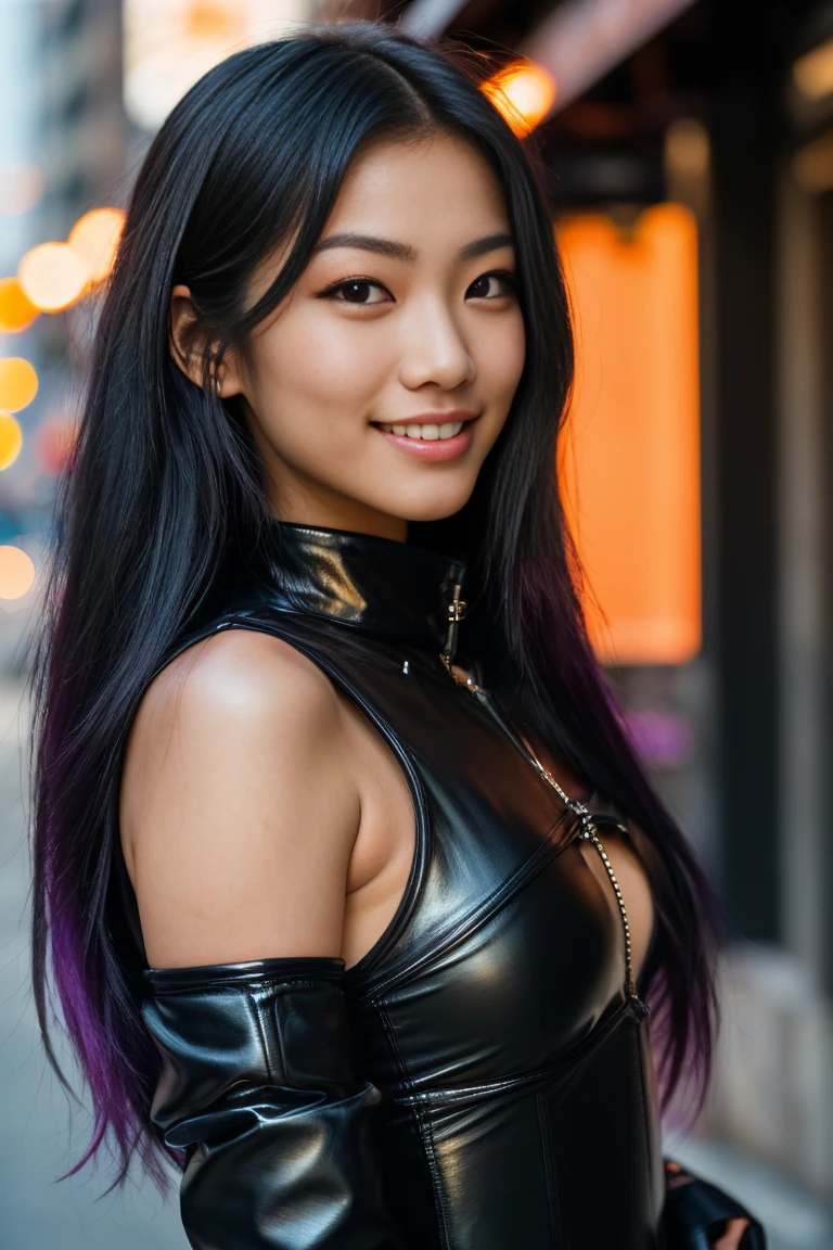 arafed woman with long black hair with purple high lights in a strait jacket, flowing black hair purple high lights, with black hair, photo of a beautiful woman, long flowing black hair, black golden hour, curly pink hair, beautiful young asian woman, beautiful asian woman, wild ginger hair, pink wispy hair, light pink hair, a young asian woman, an asian woman, infp young woman, Portrait photo of a 22-year-old french girl in RAW UHD format (Brown-eyed woman) Details (textures! , Hair! , glistering, Color!! , imperfections: 1.1), highly detailed glossy eyes (looking at the camera), DSLR Lighting, SLR camera, Ultra-Quality, sharpness, Depth of field, Film grain (Downtown), Fujifilm XT3, Crystal clear, Frame Center, beatiful face, sharp-focus, neon lighting, bokeh (lit), day time, (open sky), detailed skin pores, oilly skin, suntan, Complex eye details, (((in a strait jacket))), mental institution, (((smiling))),((beautiful))