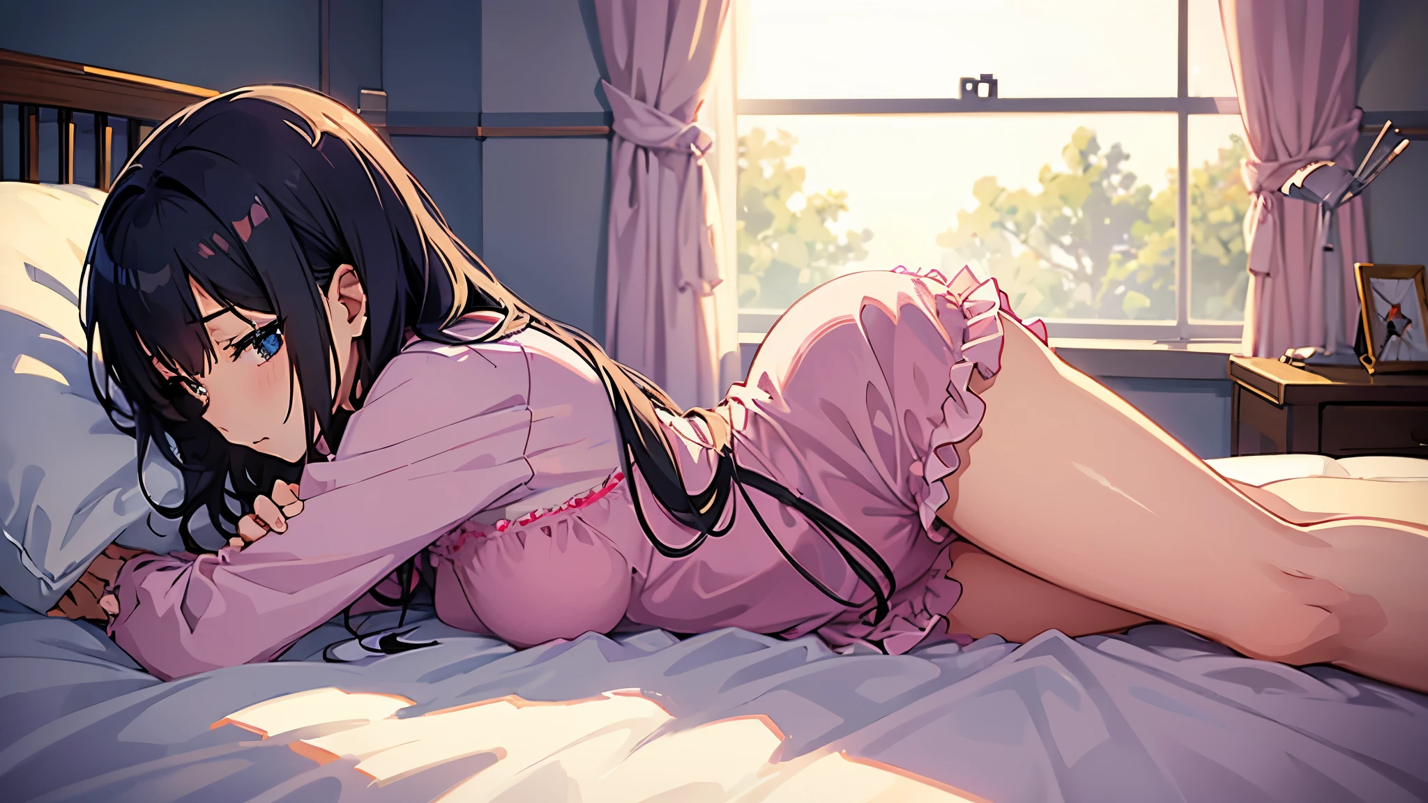 a girl, anime, wearing super tight shorts nightgown, sleeping on your stomach down, back, bedroom, sunlight, beautiful color, detailed, aesthetic, high quality, panorama room