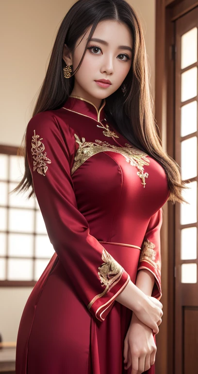 Incredibly beautiful proportions、Incredibly bewitching、10 head and body,Breathtaking.Breathtaking.Pleasure that goes through、突き抜けるorgasm、Incredible joy、orgasm、orgasm、orgasm、orgasm、orgasm、Breathtaking.Breathtaking.Breathtaking.One Girl, Highest quality、masterpiece、Ultra-high resolution、(Cowboy Shot),(Realistic), (Ultra-realistic), (Ultra-high resolution), (Ultra-high resolution), (One Girl), ((Ultra-Realistic Details)),(Realistic:1.4)Beautiful Face, Cute face, 、RAW Photos, Highest quality,masterpiece,Highest quality,Ultra-high resolution),Best Images, (8K, RAW Photos, Realistic), A neat and beautiful Japanese woman, Rainbow light brown straight hair, big, Sparkling blue eyes, Long eyelashes, double eyelid, Half-open crimson alluring moist big thick lips, Large Breasts, Side bust, Down , Abdominal muscles, thin,Pleasure that goes through、我慢できないorgasm、 Perfect proportions, whole body, Black ao dai with gold embroidery, Blurred background red
