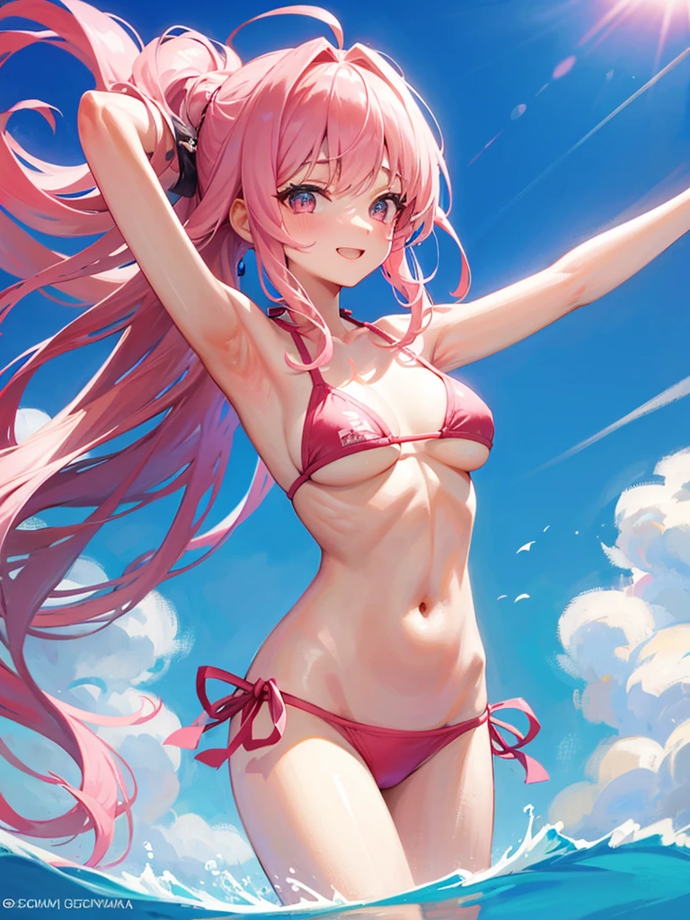 Pink long hair　Very big boobs　Bikini Swimwear　Raising his arms to show his armpits　smile　Location: Pool