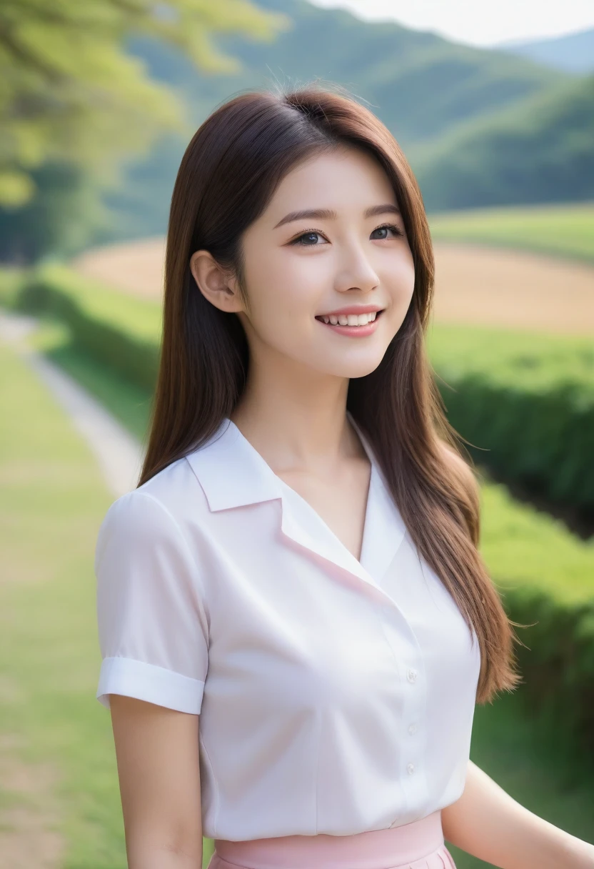 8K, Ultra-high resolution, Highest quality, masterpiece, 三分割法によるphotograph,Surreal, photograph, 1 girl, (16 years old:1.3), pretty girl, Cute face, Beautiful eyes in every detail, 細かくdetailedに,masterpiece,, One Girl:1.2, Japan Female Announcer,whole body,Young Wife,Pale pink collared shirt,Country Road,Looking up at the sky,profile,Pencil Skirt、Full of cleanliness,A carefree smile,Healing the heart,Semi-long layered hair,Looking at the audience、beauty,Long neck、Laugh a little、Please close your mouth and laugh、(((Ideal body type))),A-cup small breasts :2,、Portraiture:2、Perfect Anatomy、鮮明なdetailed、detailed、Surreal、Light and shadow,Strong light