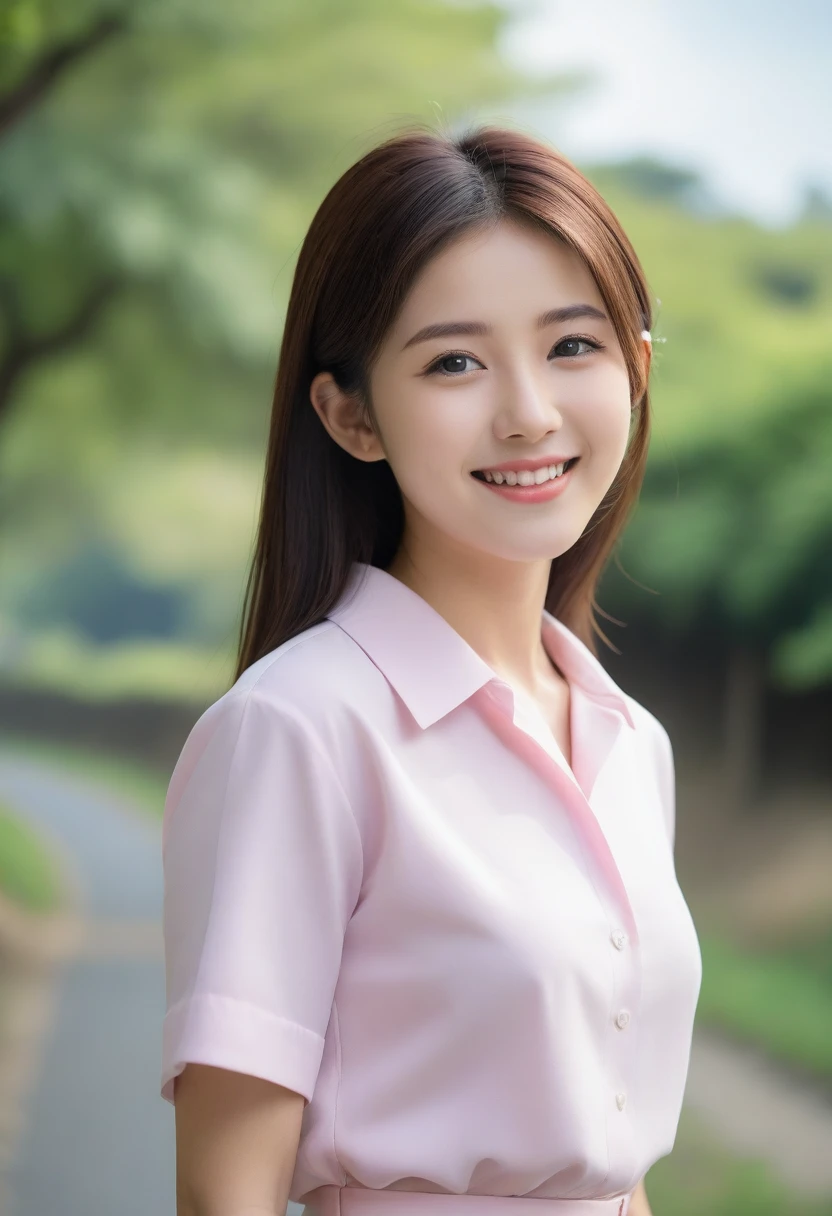 8K, Ultra-high resolution, Highest quality, masterpiece, 三分割法によるphotograph,Surreal, photograph, 1 girl, (16 years old:1.3), pretty girl, Cute face, Beautiful eyes in every detail, 細かくdetailedに,masterpiece,, One Girl:1.2, Japan Female Announcer,whole body,Young Wife,Pale pink collared shirt,Country Road,Looking up at the sky,profile,Pencil Skirt、Full of cleanliness,A carefree smile,Healing the heart,Semi-long layered hair,Looking at the audience、beauty,Long neck、Laugh a little、Please close your mouth and laugh、(((Ideal body type))),A-cup small breasts :2,、Portraiture:2、Perfect ???????、鮮明なdetailed、detailed、Surreal、Light and shadow,Strong light
