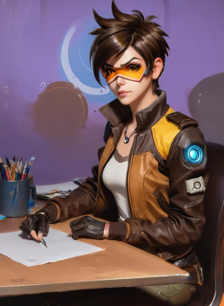 ((jbstearns style)) painting, of Tracer from overwatch, leather bomber jacket, sitting at a desk