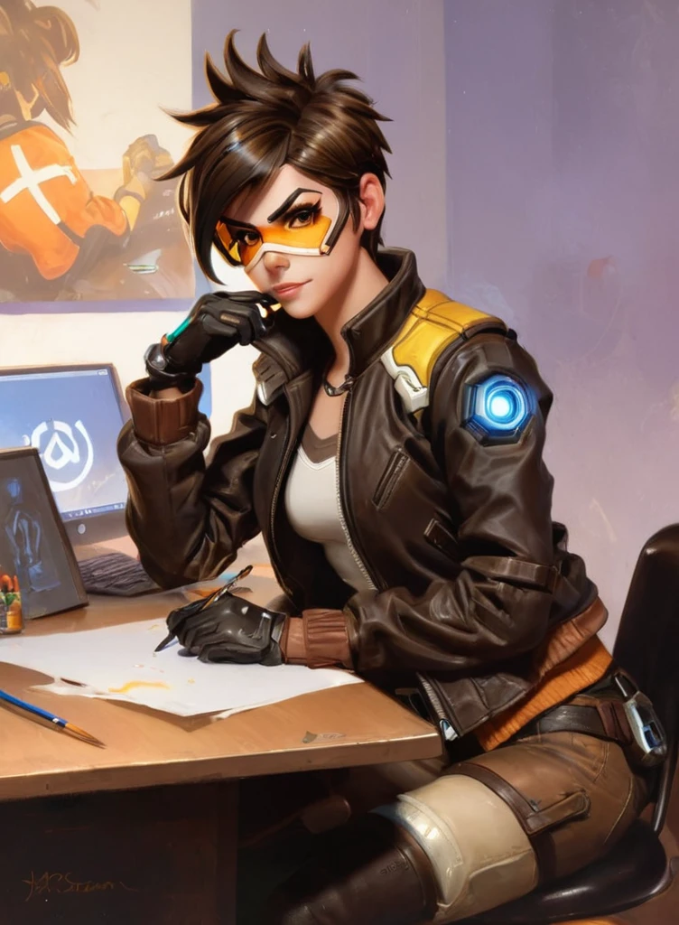 ((jbstearns style)) painting, of Tracer from overwatch, leather bomber jacket, sitting at a desk 