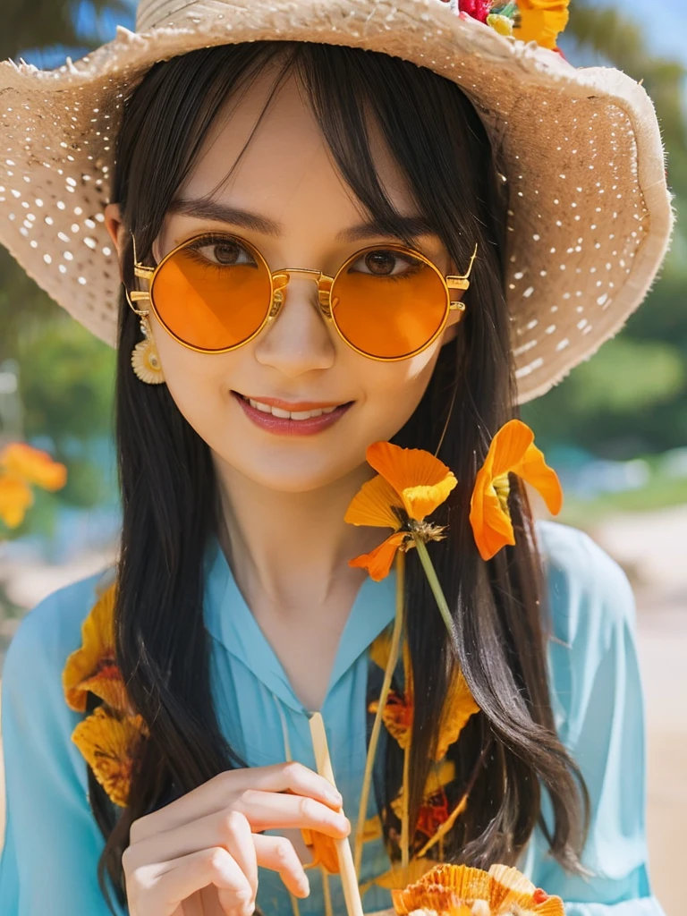 1girll, Solo, starfish, seashell, shells, flower, Hat, hair adornments, jewelry, Straw hat, view the viewer, sunglasses, hatflower, drinking straw, hair pin, Earrings, Red flower, Colored glasses, yellowflower, bangs, multicolored hair, orangeflower, ring, Ccup, Long hair, orange-tinted eyewear, food, Portrait, shell hair ornament