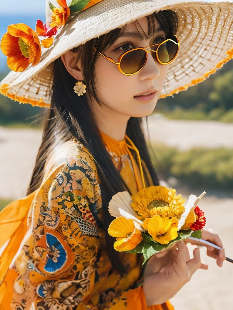 1girll, Solo, starfish, seashell, shells, flower, Hat, hair adornments, jewelry, Straw hat, view the viewer, sunglasses, hatflower, drinking straw, hair pin, Earrings, Red flower, Colored glasses, yellowflower, bangs, multicolored hair, orangeflower, ring, Ccup, Long hair, orange-tinted eyewear, food, Portrait, shell hair ornament
