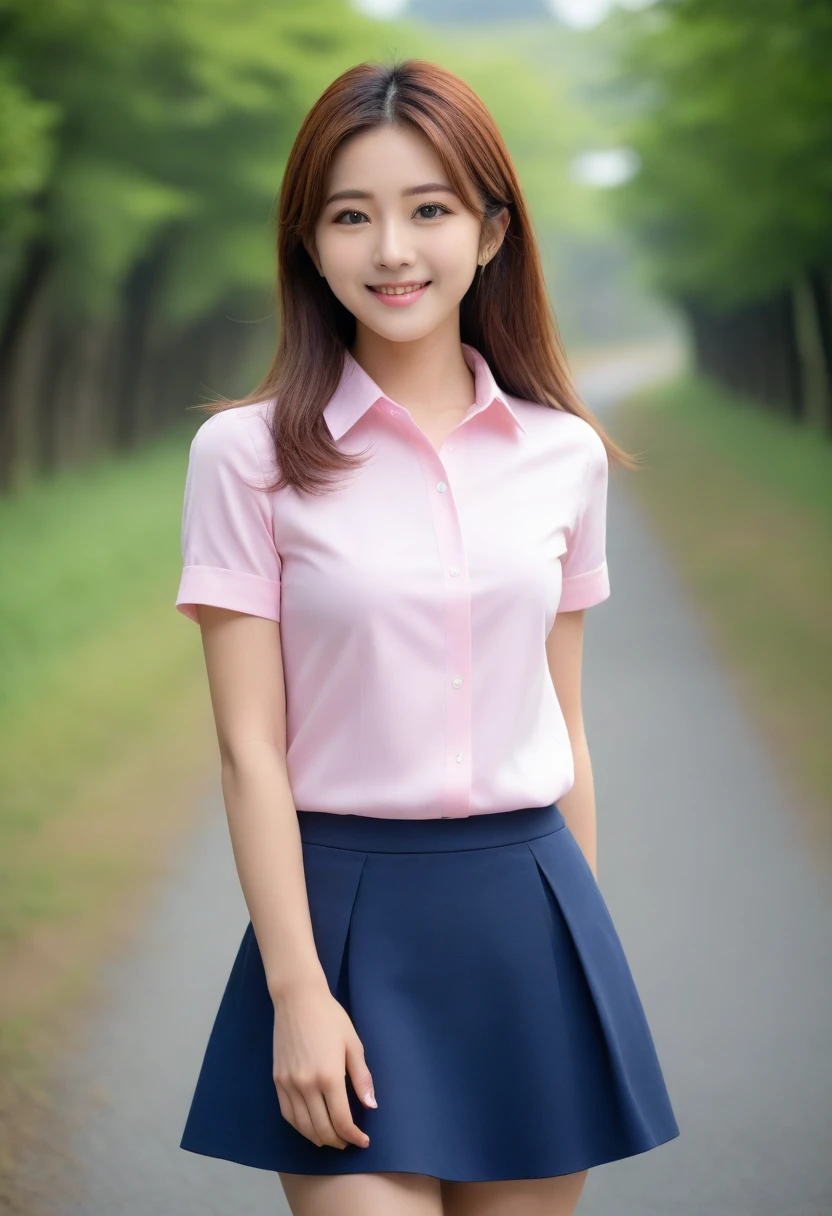 8K, Ultra-high resolution, Highest quality, masterpiece, 三分割法によるphotograph,Surreal, photograph, 1 girl, (:1.3), pretty girl, Cute face, Beautiful eyes in every detail, 細かくdetailedに,masterpiece,, One Girl:1.2, Japan Female Announcer,whole body,Young Wife,Pale pink collared shirt,Country Road,Looking up at the sky,profile,Pencil Skirt、Full of cleanliness,A carefree smile,Healing the heart,Semi-long layered hair,Looking at the audience、beauty,Long neck、Laugh a little、Please close your mouth and laugh、(((Ideal body type))),A-cup small breasts :2,、Portraiture:2、Perfect Anatomy、鮮明なdetailed、detailed、Surreal、Light and shadow,Strong light
