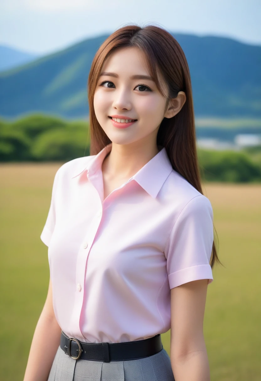 8K, Ultra-high resolution, Highest quality, masterpiece, 三分割法によるphotograph,Surreal, photograph, 1 girl, (16 years old:1.3), pretty girl, Cute face, Beautiful eyes in every detail, 細かくdetailedに,masterpiece,, One Girl:1.2, Japan Female Announcer,whole body,Young Wife,Pale pink collared shirt,Country Road,Looking up at the sky,profile,Pencil Skirt、Full of cleanliness,A carefree smile,Healing the heart,Semi-long layered hair,Looking at the audience、beauty,Long neck、Laugh a little、Please close your mouth and laugh、(((Ideal body type))),A-cup small breasts :2,、Portraiture:2、Perfect Anatomy、鮮明なdetailed、detailed、Surreal、Light and shadow,Strong light