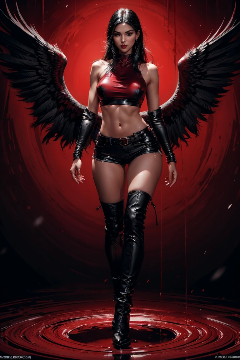 Full body beautiful sensual sexy 20 year old snow white skin muscule woman with huge black feathered bird wings, long straight black hair, black eyes, red lips, long shapely thighs, thin waist, broad shoulders, tight black sleeveless top with deep neckline and black leather tight pants , mid-thigh black leather boots, dynamic pose, standing in red undulating fluid environment lighting, photorealism, intricate face details, intricate hand details, highly detailed, vivid colors, cinematic, high definition, trendy Artstation - style raw

