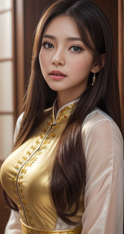 Incredibly beautiful proportions、Incredibly bewitching、10 head and body,Breathtaking.Breathtaking.Pleasure that goes through、突き抜けるorgasm、Incredible joy、orgasm、orgasm、orgasm、orgasm、orgasm、Breathtaking.Breathtaking.Breathtaking.One Girl, Highest quality、masterpiece、Ultra-high resolution、(Cowboy Shot),(Realistic), (Ultra-realistic), (Ultra-high resolution), (Ultra-high resolution), (One Girl), ((Ultra-Realistic Details)),(Realistic:1.4)Beautiful Face, Cute face, 、RAW Photos, Highest quality,masterpiece,Highest quality,Ultra-high resolution),Best Images, (8K, RAW Photos, Realistic), A neat and beautiful Japanese woman, Rainbow light brown straight hair, big, Sparkling blue eyes, Long eyelashes, double eyelid, Half-open crimson alluring moist big thick lips, Large Breasts, Side bust, Down , Abdominal muscles, thin, Perfect proportions, whole body, Black ao dai with gold embroidery, Blurred background red