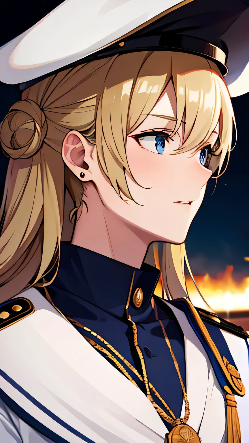 Royal Navy, Horatio Nelson, Admiral, on board, warship, clear skies, aboard a warship at sea, commander, naval uniform, blonde hair, hair bun, raised eyebrows, upturned eyes, earrings, cinematic lighting, pov, ((masterpiece)), (super detail), textured skin, high quality, highres, Viscount, Medal, British Navy Cap