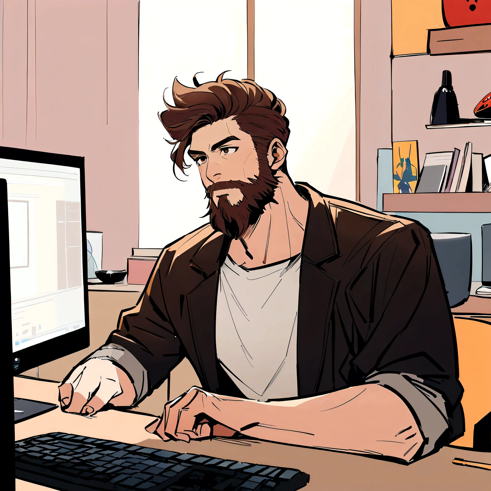 Create a Pixar-style character. This is a 30 year old man, with beard, offwhite, with short brown hair and a quiff, and brown eyes. He must be in front of a computer, Work as a designer