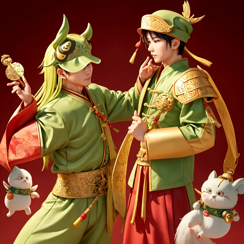Boys，（Guan Yu：1.5），Mighty and domineering，chibi，armor，（green：0.5），long whiskers，Handheld weapons,（Long-handled knives：1.8），Chinese clothing，whole body