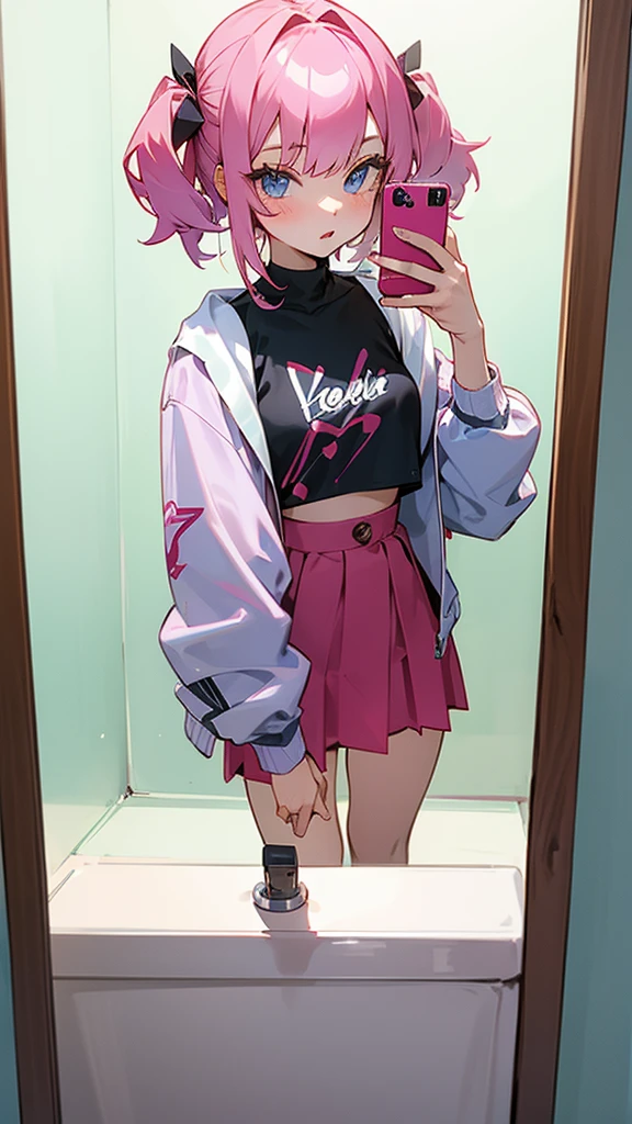 Anime cute girl taking a selfie in a mirror in a bathroom, taken in 2 0 2 0, cropped shirt with jacket, 
