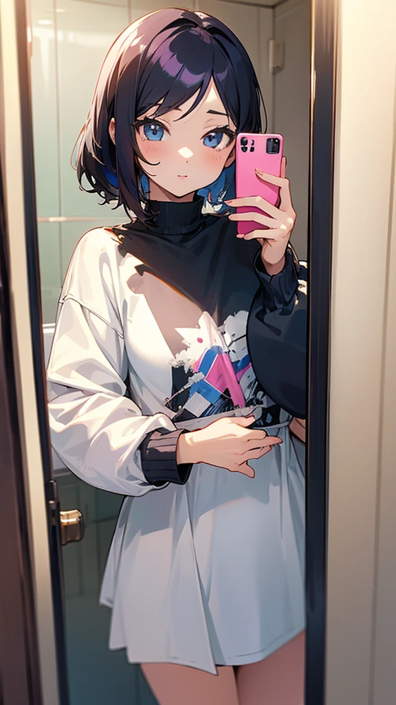 Anime cute girl taking a selfie in a mirror in a bathroom, taken in 2 0 2 0, cropped shirt with jacket,