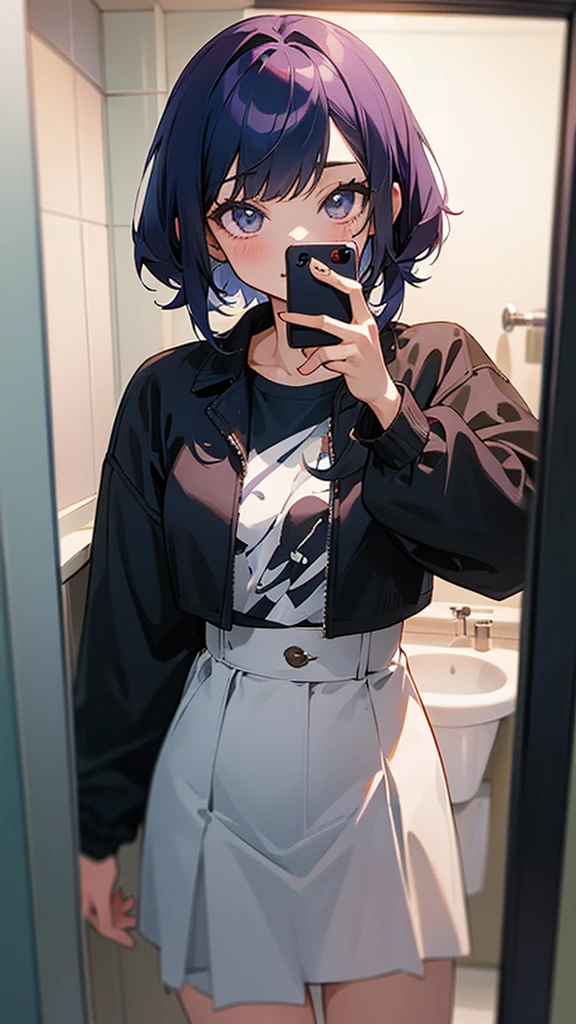 Anime cute girl taking a selfie in a mirror in a bathroom, taken in 2 0 2 0, cropped shirt with jacket, 