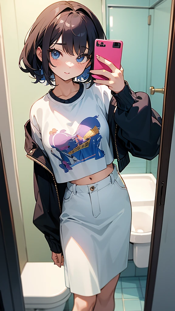 Anime cute girl taking a selfie in a mirror in a bathroom, taken in 2 0 2 0, cropped shirt with jacket, 