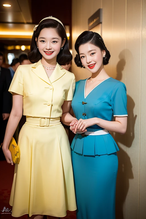 Seoul, 1952. A young korean girl, 23-year-old, strikingly beautiful, delicate facial features, porcelain skin, expressive eyes, in the hotel, ((awe and joy expression)), ((((clothings from the 1950s)))), ((hairstyle of the 1950s)), colorful, a picture