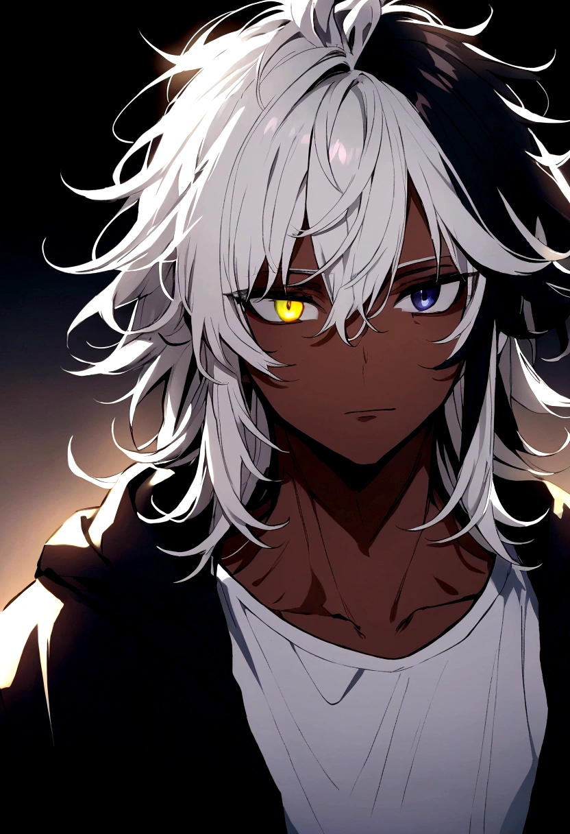 white  shirt, wearing a black hoodie , yellow and black eyes heterochromia , , dark expression , Messy hair , Medium length hair , 1 men , multicolored black and white hair , two tone hair , dark skin color