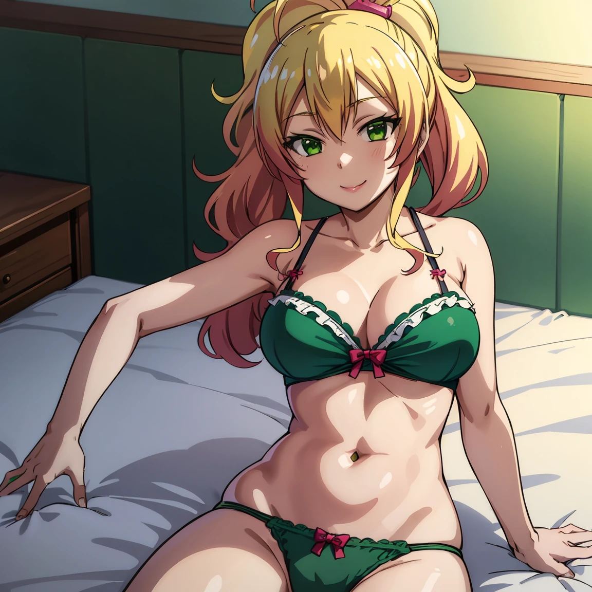 solo , 1girl , looking at viewer , milf , yukana yame, long hair, bangs, blonde hair, hair between eyes, (green eyes:1.5), ponytail, multicolored hair, scrunchie, high ponytail, lipstick, gyaru, kogal, makeup, green bra and panties , bedroom , smile ,