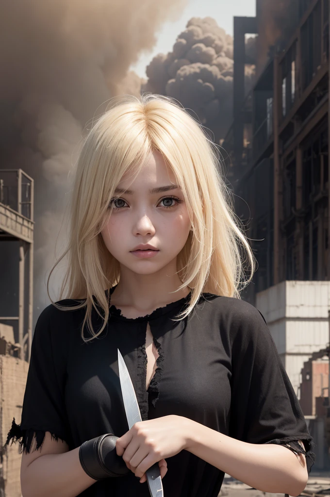 Make a girl with blonde hair, short and messy. Her face has some bruises and a serious expression.. She is wearing a loose, torn black blouse with a knife in her hand and the scene behind is a factory on fire..