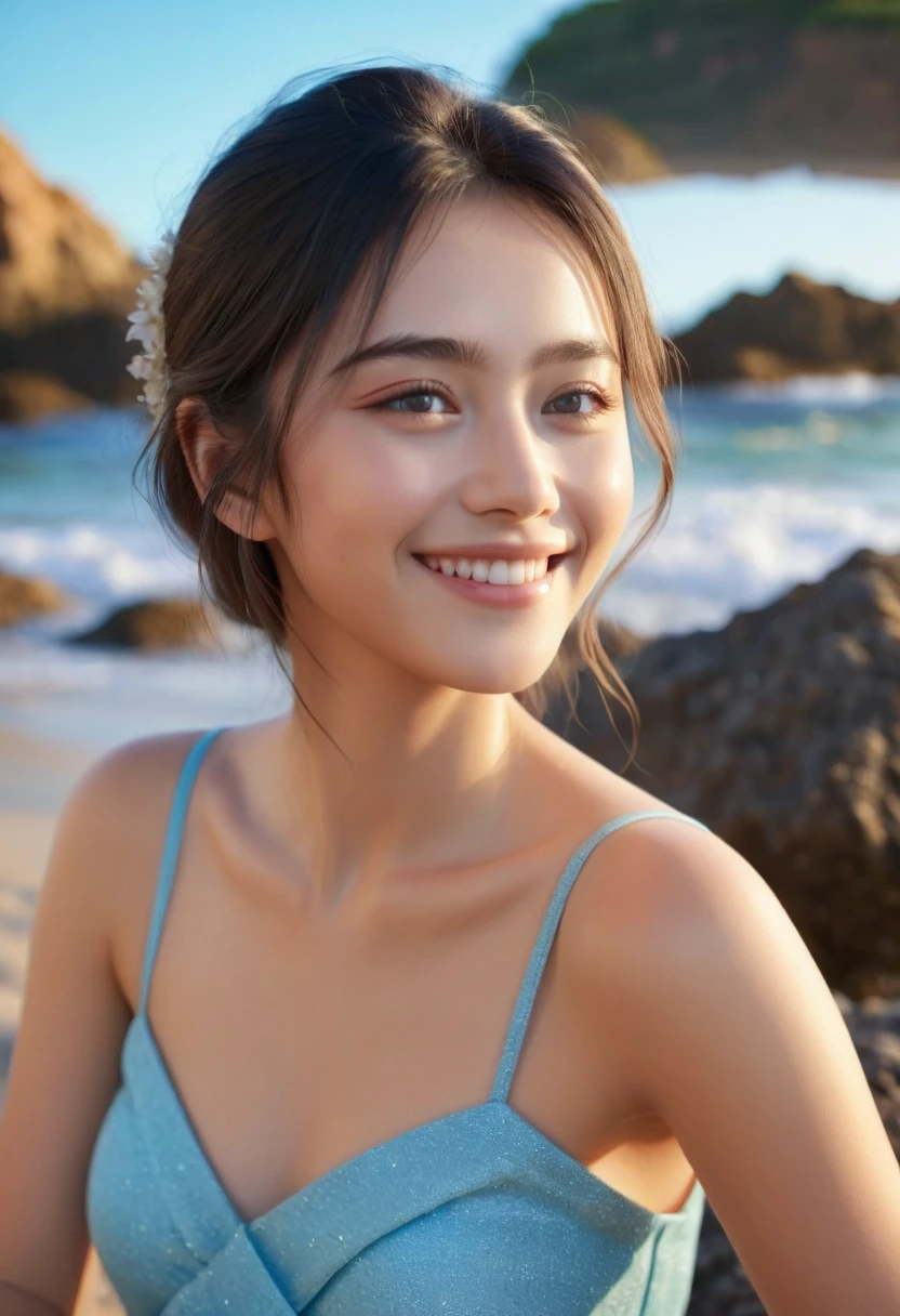 (best quality,4k,8k,highres,masterpiece:1.2),ultra-detailed,(Ultra-realistic, photorealistic,photo-realistic:1.37), 1 beautiful young Japanese Italian half model, yo, smiling seductively, sitting on coral coast in Australia, detailed eyes, high nose, blue eyes, delicate facial features, long eyelashes, peaceful expression, red dress, detailed folds and textures, Sparkling Waves, warm vibrant colors, cinematic lighting, 8k, high quality, photorealistic, masterpiece, studio lighting, detailed texture, vivid colors