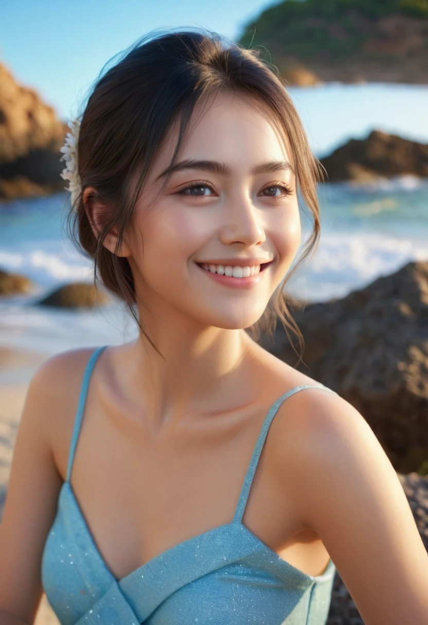 (best quality,4k,8k,highres,masterpiece:1.2),ultra-detailed,(Ultra-realistic, photorealistic,photo-realistic:1.37), 1 beautiful young Japanese Italian half model, 17yo, smiling seductively, sitting on coral coast in Australia, detailed eyes, high nose, blue eyes, delicate facial features, long eyelashes, peaceful expression, red dress, detailed folds and textures, Sparkling Waves, warm vibrant colors, cinematic lighting, 8k, high quality, photorealistic, masterpiece, studio lighting, detailed texture, vivid colors