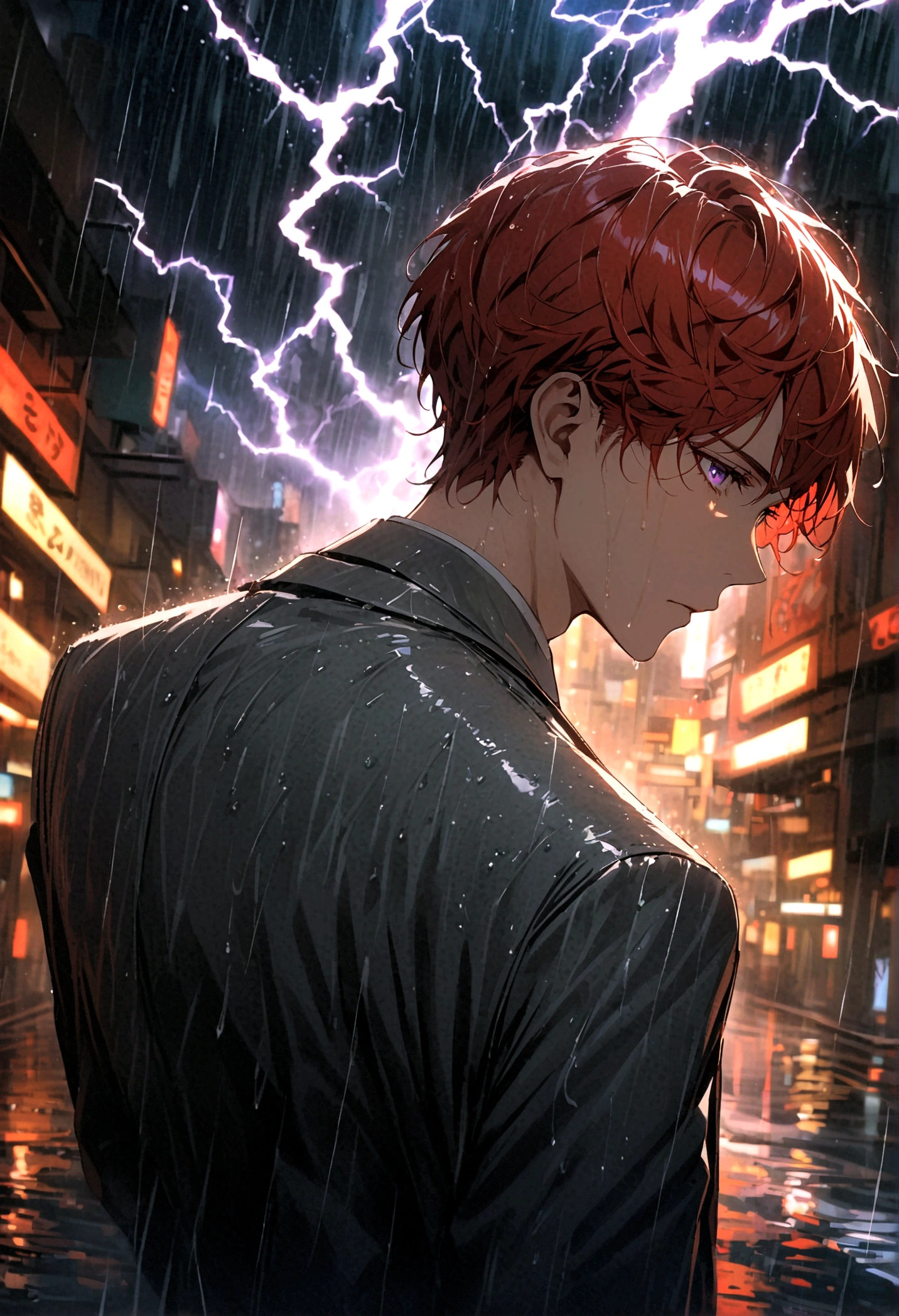 A young man with red hair and purple eyes in a gray suit stood alone with his back turned halfway in the rain, with lightning all around him at night.